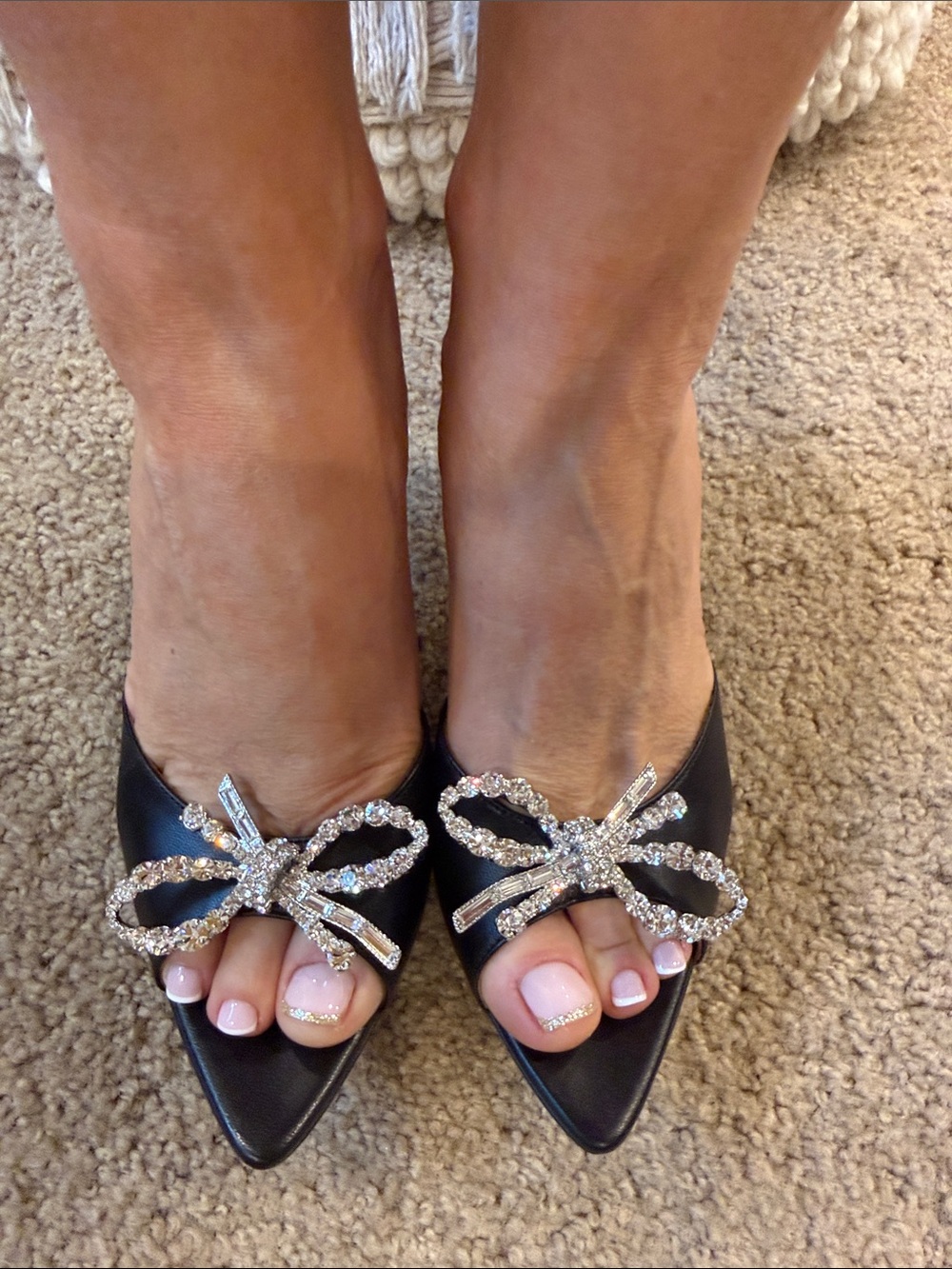 AMINA MUADDI Black Leather Mules Crystal Bow EU 37